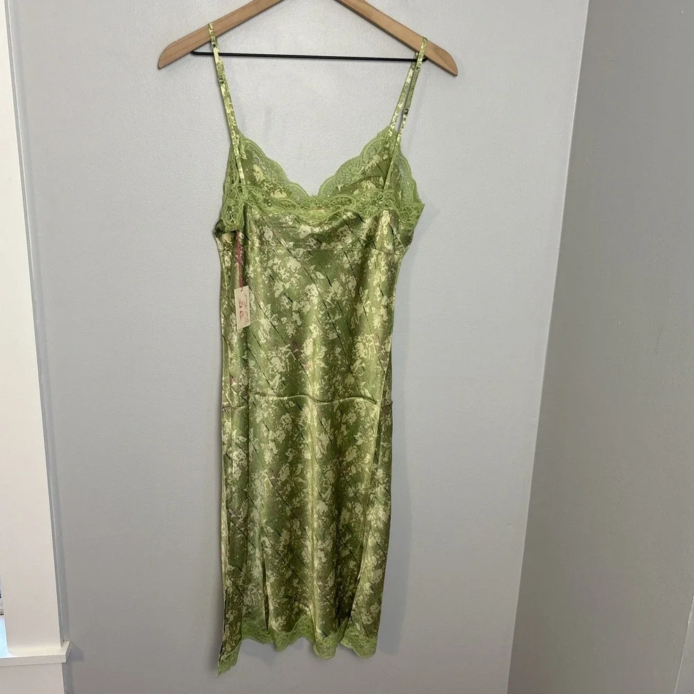 Gold Hawk Midi Silk Slip Dress‎ Women's Medium Tarragon NEW